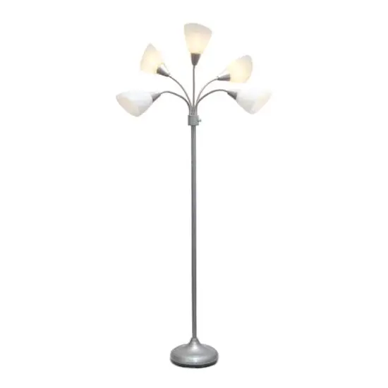 Simple Designs&trade; 5.6ft. 5-Light Gooseneck Silver Floor Lamp White Shades {12}