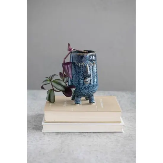 Hello Honey&reg; 6" Blue Reactive Glaze Stoneware Planter with Face {3}