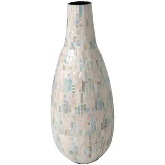 21" White Mother of Pearl Handmade Mosaic Inspired Vase with Pastel Blue and Pink Accents {4}