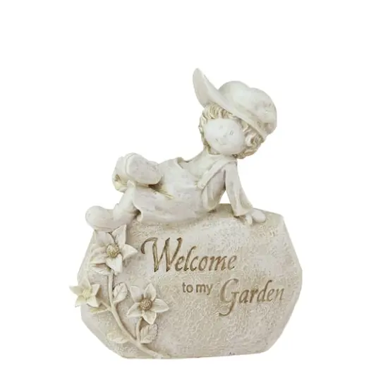 7.5" Ivory Welcome To My Garden Boy on Rock Outdoor Patio Garden Statue {1}