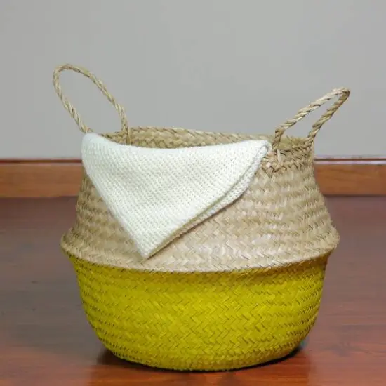 14.5" Beige & Yellow Large Seagrass Belly Basket with Handles {4}