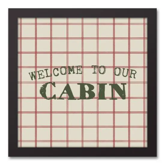 Welcome To Our Cabin Red and Cream Check Canvas Wall Art in Black Frame {1}
