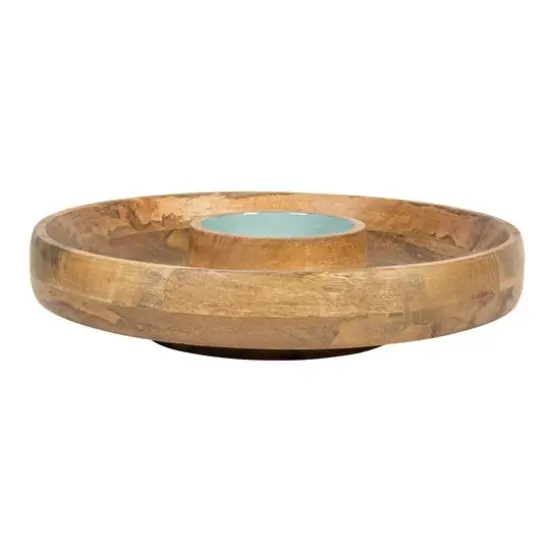 Hello Honey® 13.75" Mango Wood with Blue Enamel Center 2 Section Lazy Susan Server {9}