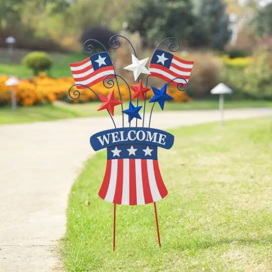 Glitzhome&reg; 30.25" Wood & Metal Patriotic Flags Yard Stake {3}