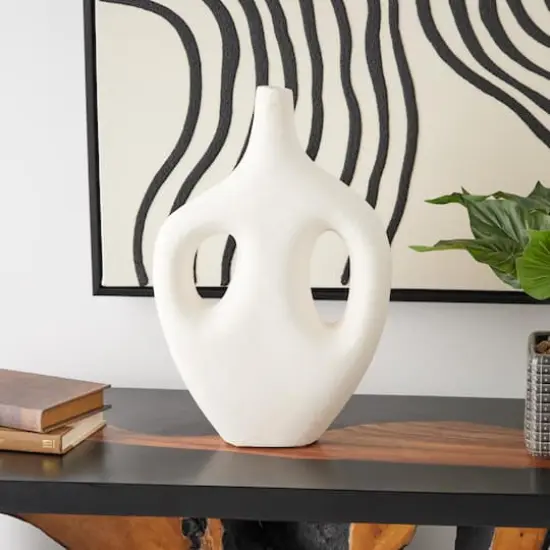 17" Beige Paper Mache Abstract Double Handle Vase {3}