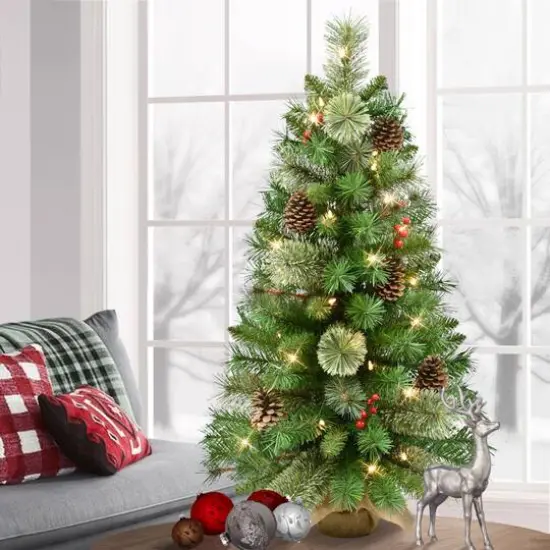 3ft. Pre-Lit Pine Adorned Artificial Christmas Tree in Burlap Sack, Clear Lights {4}