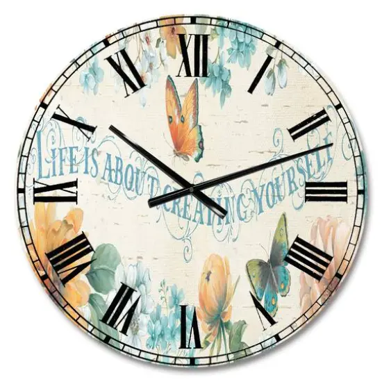 Designart Butterfly Bloom Lovely Quote Farmhouse Wall Clock {1}