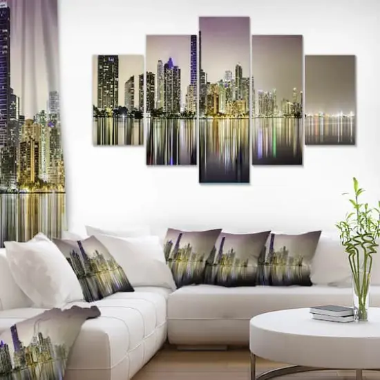 Designart - Miami Downtown Night Panorama - Purple - Extra Large Canvas Art Print {3}