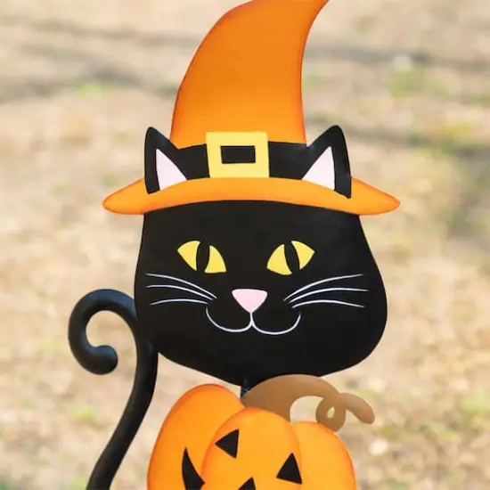 Glitzhome&reg; 36"H Halloween Metal Black Cat with Spring Head and Stacked Pumpkin Yard Stake {6}