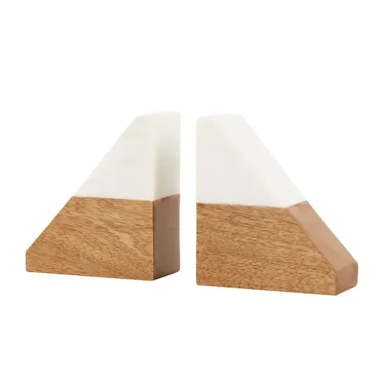 5" Marble & Wood Geometric Triangle Bookends Set {1}