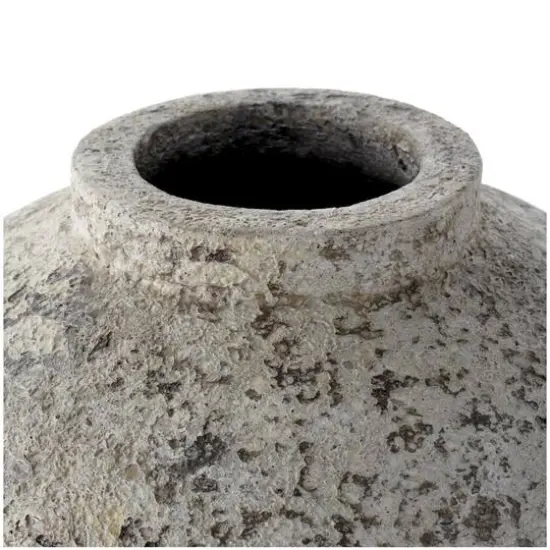 12" Cream Ceramic Antique Style Round Vase with Textured Distressing {5}