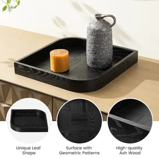 Glitzhome&reg; Black Leaf Shape Ash Wood Decorative Trays Set {5}
