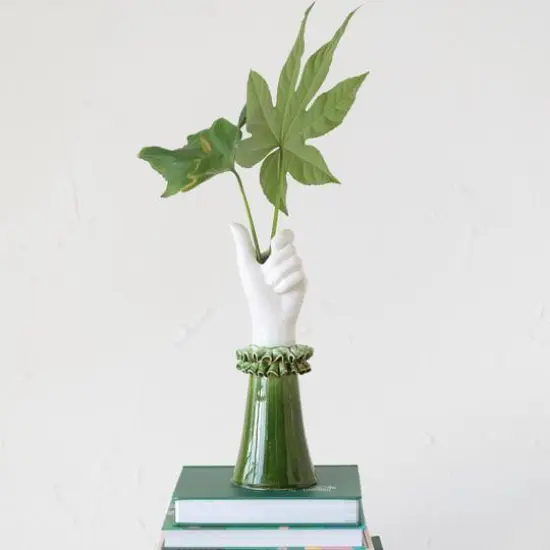 Hello Honey&reg; 12" Green & White Stoneware Hand Vase with Ruffled Shirt Sleeve {3}