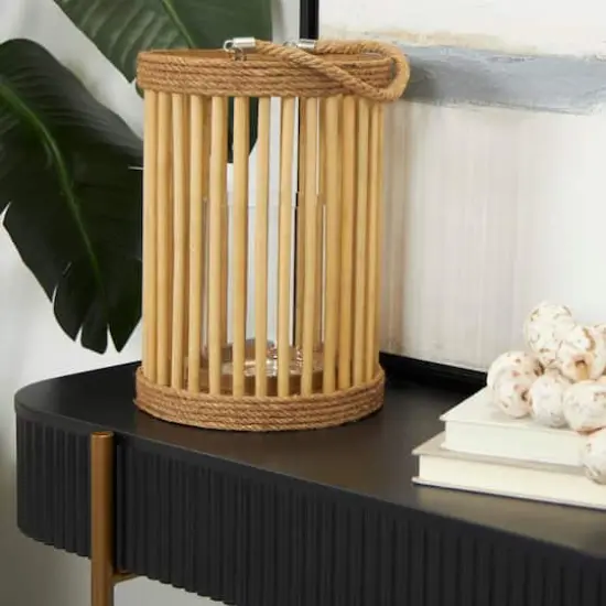 13" Brown Bamboo Handmade Open Framed Caged Candle Lantern with Rope Handle {10}