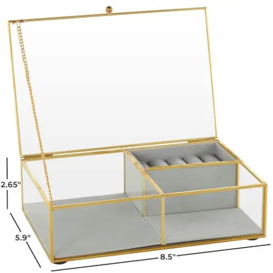 9" x 6" x 3" Clear & Gold Glass & Metal Jewelry Box with Chain Accent & Fabric Ring Slots {5}