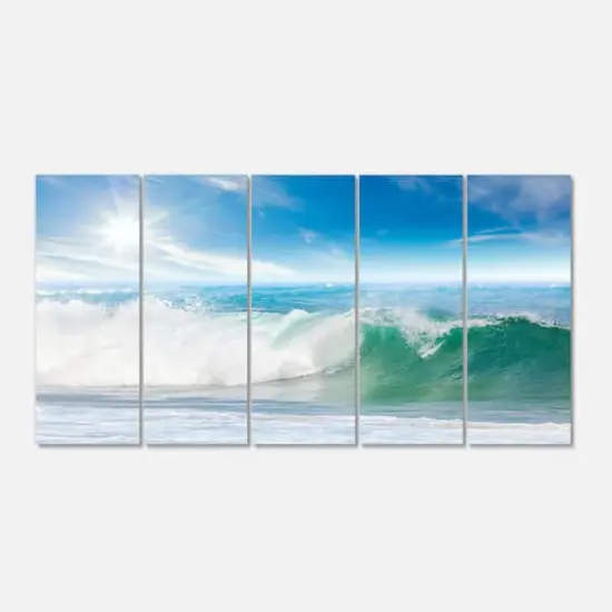 Designart - White and Blue Waves under Sun - Seascape Canvas Art Print {1}
