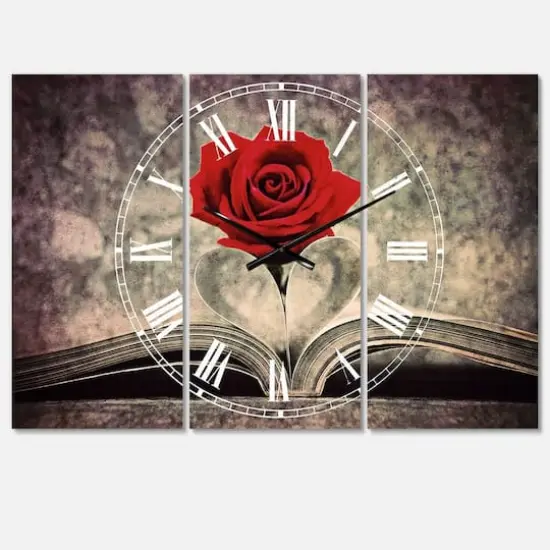 Designart Red Rose Inside The Book Multipanel Wall Clock {1}