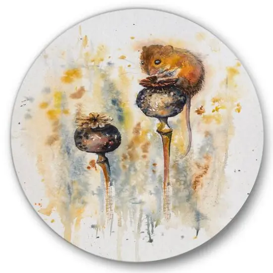 Designart - Mouse Sitting On Poppies - Traditional Metal Circle Wall Art {1}