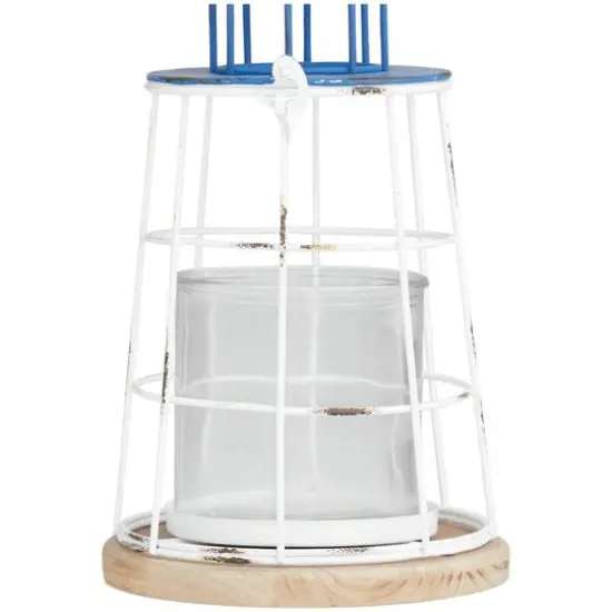 12" Blue Metal Distressed Decorative Light House Candle Lantern {5}