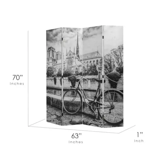American Art Decor&trade; 6ft. Double-Sided 4-Panel Black and White Eiffel Tower & Notre Dame Bike Canvas Room Divider {8}