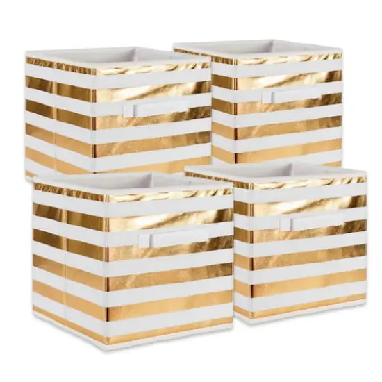 DII&reg; 11" Nonwoven Polyester White & Gold Stripes Storage Cube, 4ct. {1}