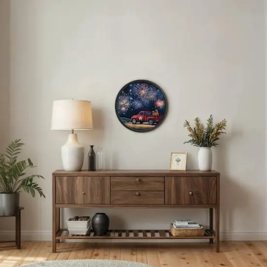 20" Goldens Watching Fireworks Round Framed Print Black {6}