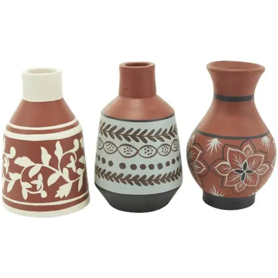 Orange Ceramic Floral Vase Set with 3 Different Patterns & Shapes {5}