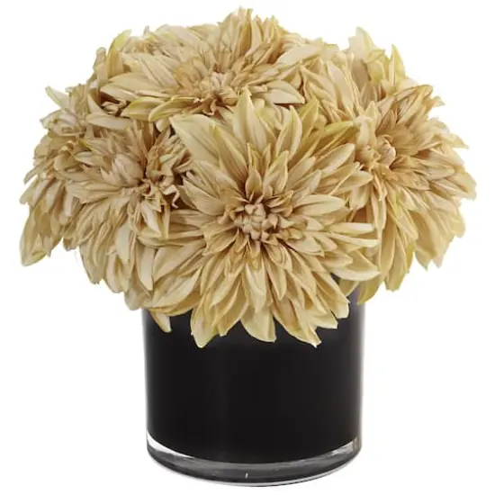 11" Cream Dahlia & Mum Silk Arrangement in Black Glossy Cylinder Vase {1}