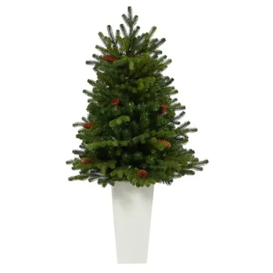 3.5ft. Pre-Lit Yukon Mountain Fir Artificial Christmas Tree in White Planter, Clear Lights {4}