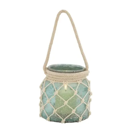 Aquamarine Glass Coastal Candle Holder Lantern, 15" x 7" x 7" {3}