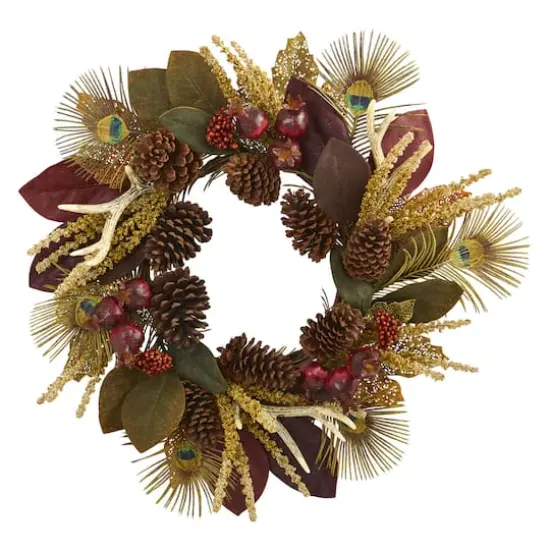 27" Magnolia Leaf, Berry, Antler & Peacock Feather Wreath {1}