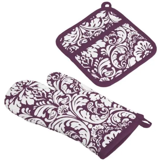 DII&reg; Damask Oven Mitt & Potholder Set Eggplant {2}