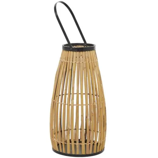 20" Brown Wicker Handmade Slatted Frame Candle Lantern with Handle {3}