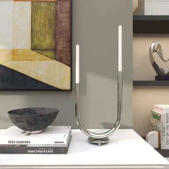 14" Silver Stainless Steel Abstract U-Shaped Candelabra {10}