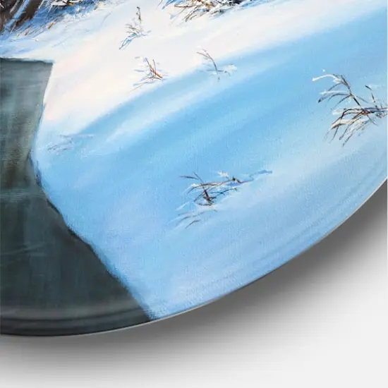 Designart - Christmas Forest With River and Trees III - Traditional Metal Circle Wall Art {5}