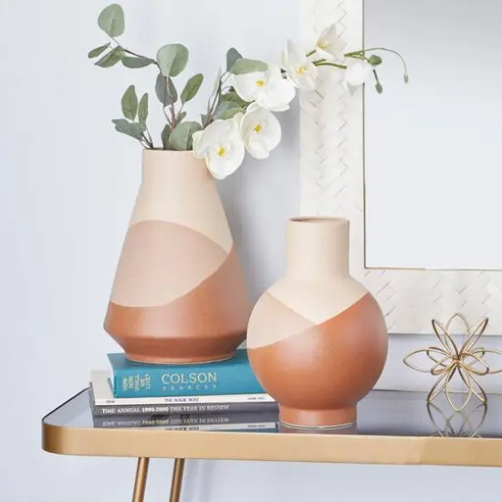 Set of 2 Tan Ceramic Modern Vase 12", 11" {10}