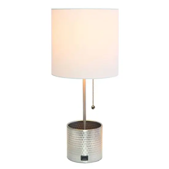 Simple Designs 18.5" Hammered Metal Container Base Table Lamp with USB Charging Port White/Brushed Nickel {3}