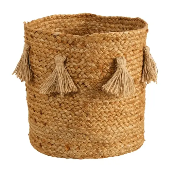 12.5'' Natural Hand-Woven Jute Boho Chic Basket Planter with Tassels {1}