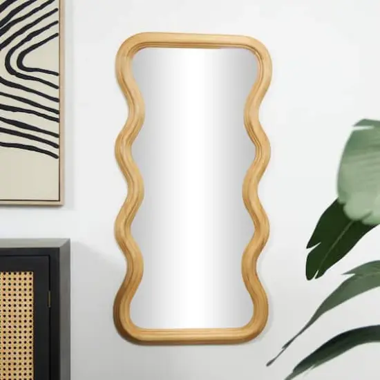 Brown Wood Wavy Wall Mirror with Dimensional Carved Frame {3}