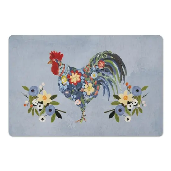 18" x 27" Floral Rooster Collage Blue Floor Mat {1}