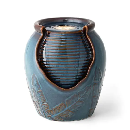 Glitzhome&reg; 9.25" LED Turquoise Leaf Textured Ceramic Jar Tabletop Fountain {1}