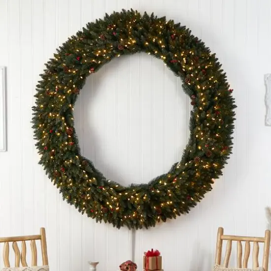 6ft. Clear LED Lights Flocked Artificial Christmas Wreath With Pinecones & Berries {5}