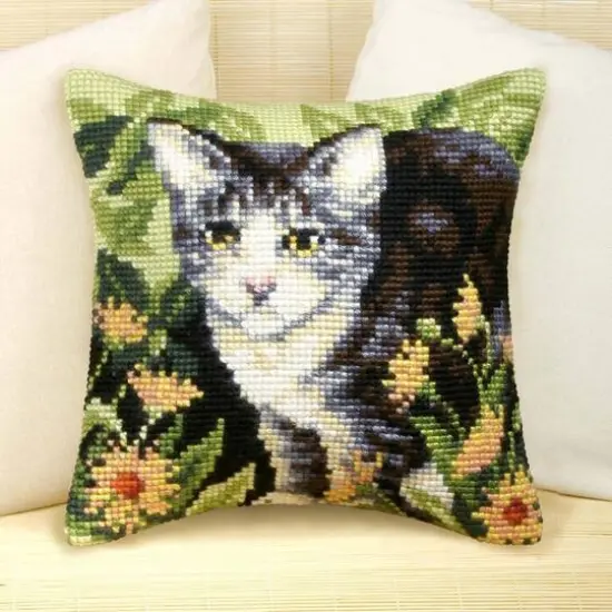 Orchidea Needlepoint Kit Cushion - Printed Canvas Dark-Grey Cat {3}
