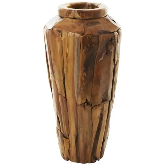 Brown Teak Wood Handmade Tall Floor Vase with Mosaic Live Edge {4}