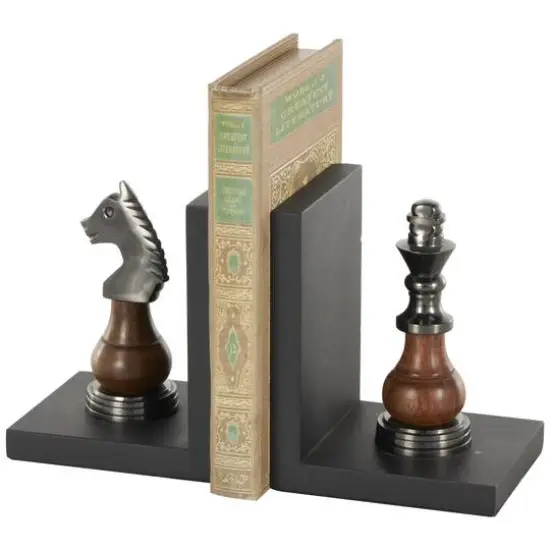 Decorative Dark Brown & Silver Chess Bookend Set {1}