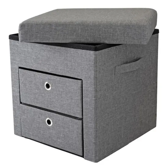 Simplify Gray 2 Drawer Collapsible Storage Ottoman {12}