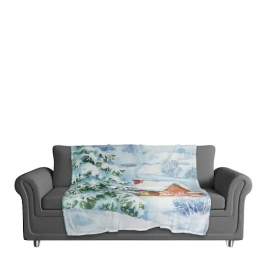 Watercolor Winter Cabin 50x60 Coral Fleece Blanket {4}