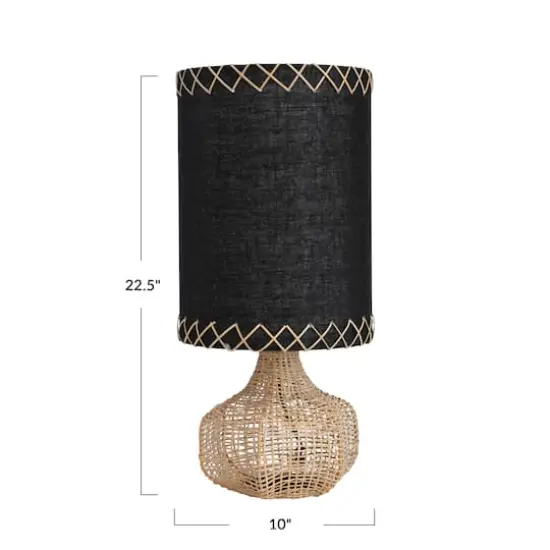 Hello Honey&reg; 21.5" Natural and Black Boho Woven Cane Table Lamp with Linen Shade {5}