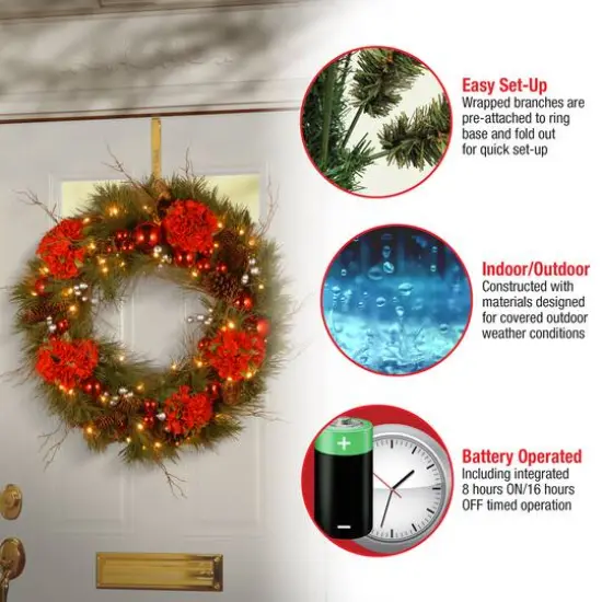 24" Decorative Collection Hydrangea Wreath with Cones, Red Berries & 50ct. Soft White Battery Operated LED Lights with Timer {7}