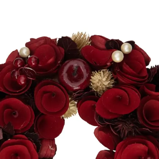 12" Unlit Red Wooden Rose Apple & Faux Pearl Artificial Valentines Wreath {6}